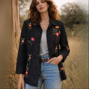 Vtg SilkLand Black Silk Multicolor Floral Embroidery Button Down Lined Blazer